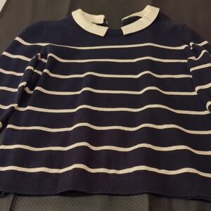 Talbots Navy and White Striped 3/4 Sleeve  Crew Neck Sweater